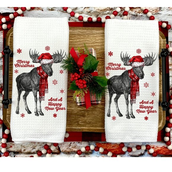 Christmas Tea Towels, Set of 2, Christmas Moose, New, Kitchen and Bath, handmade - Picture 1 of 3